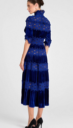 Hollow Patchwork Velvet Dress In Blue Flowering Girl