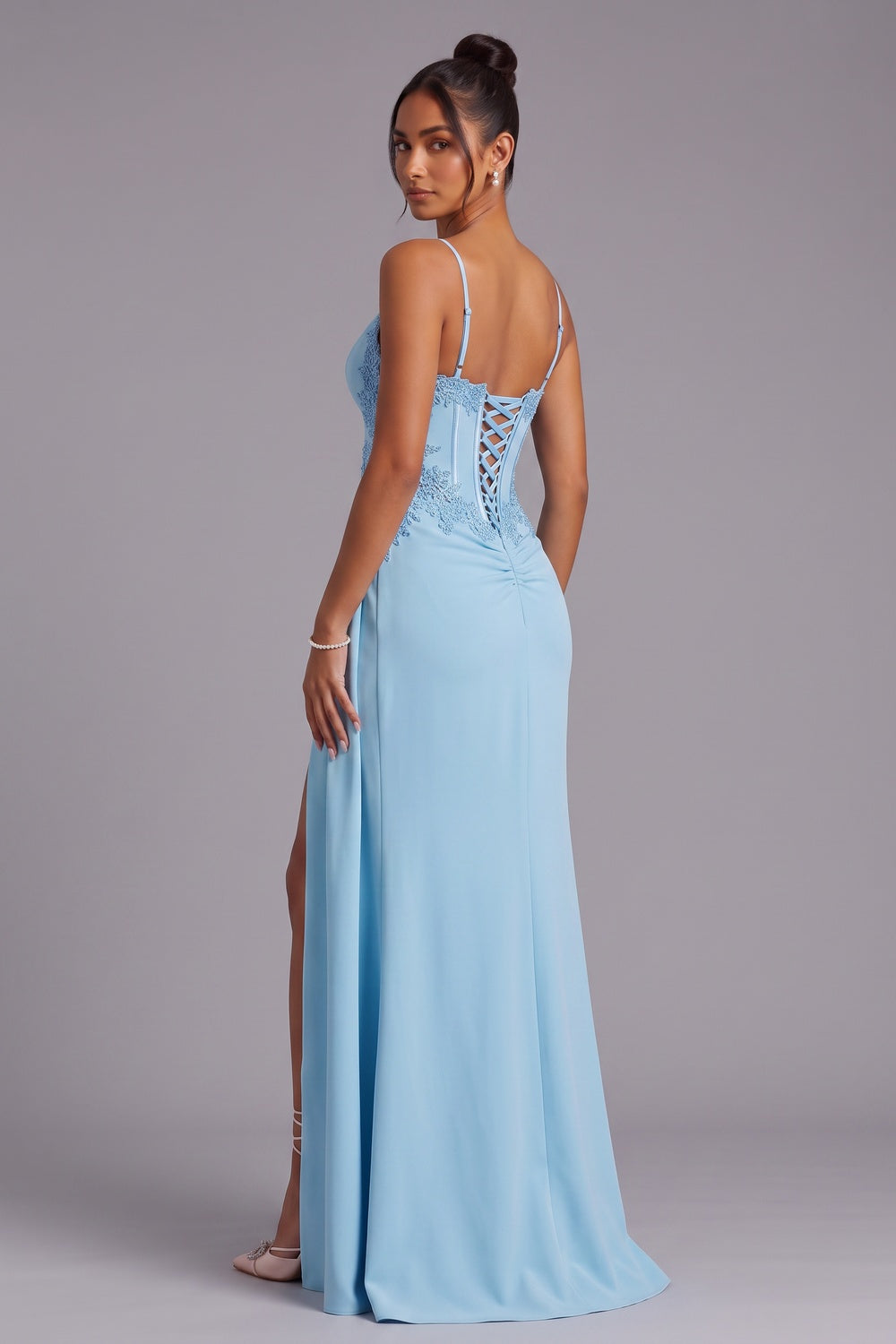 Light Blue Lace-Up Back Floor-Length Evening Gown Flowering Girl