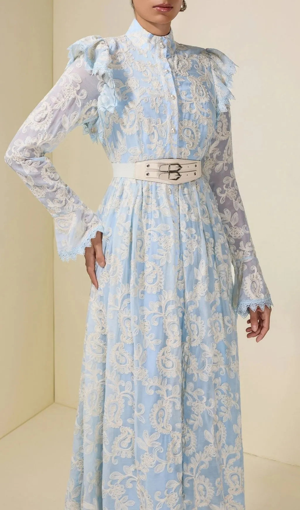 Alma Chiffon Embroidered Single Breasted Midi Dress With Belt - Blue Flowering Girl