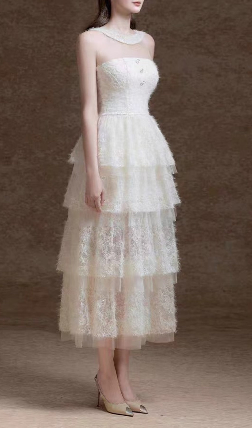 Elfreda White Mesh Layered Midi Dress Flowering Girl