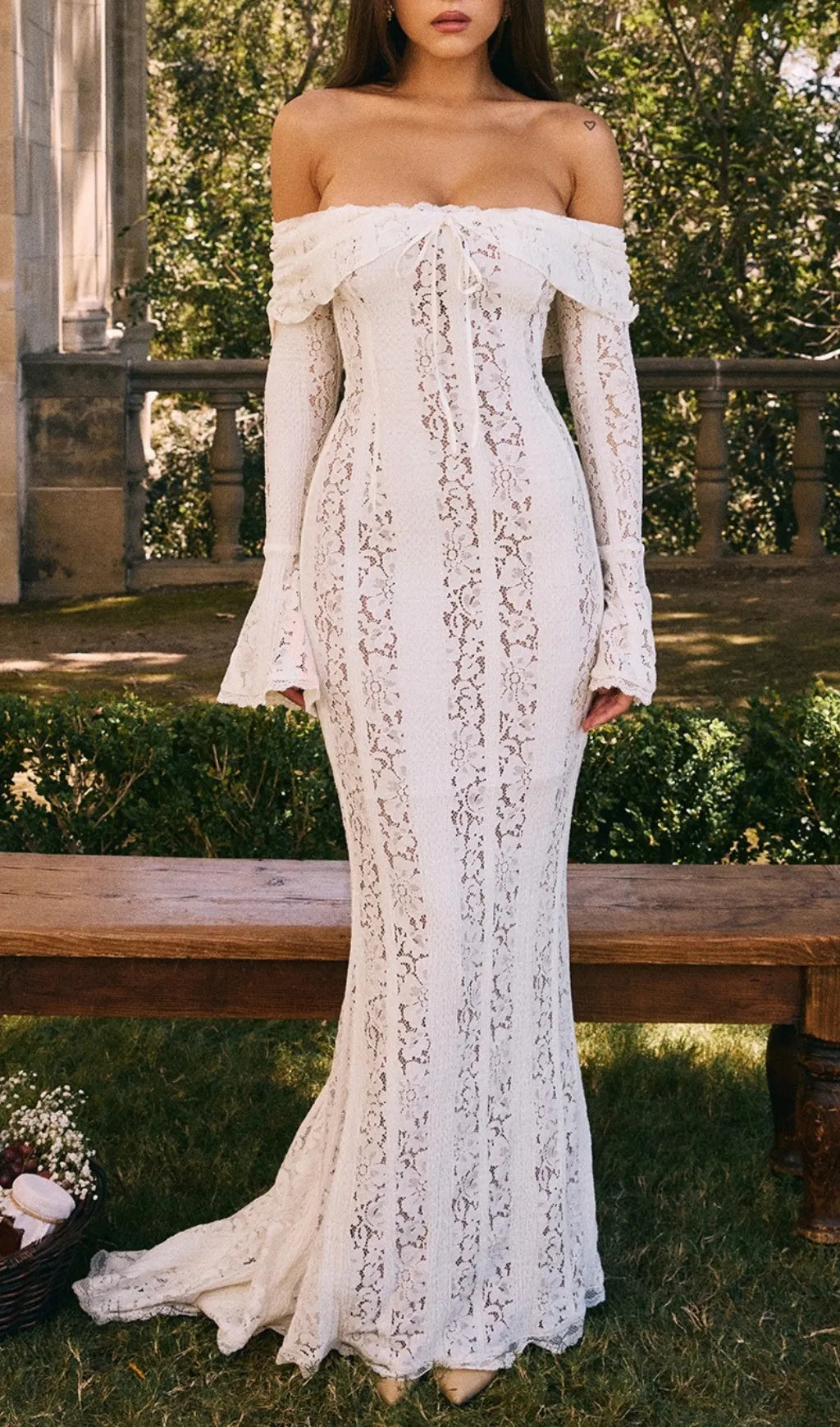 Clarissa White Flared Sleeve Lace Maxi Dress Flowering Girl