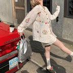 White Embroidery Cotton Linen Long Sleeve Shirt Flowering Girl