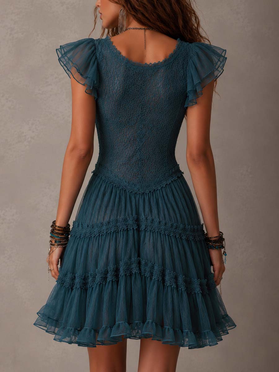 Retro Blue Lace & Chiffon Ruffled Mini Dress Flowering Girl