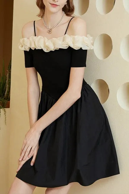 Off-Shoulder Ruffle Trim Suspender Mini Dress In Black Flowering Girl
