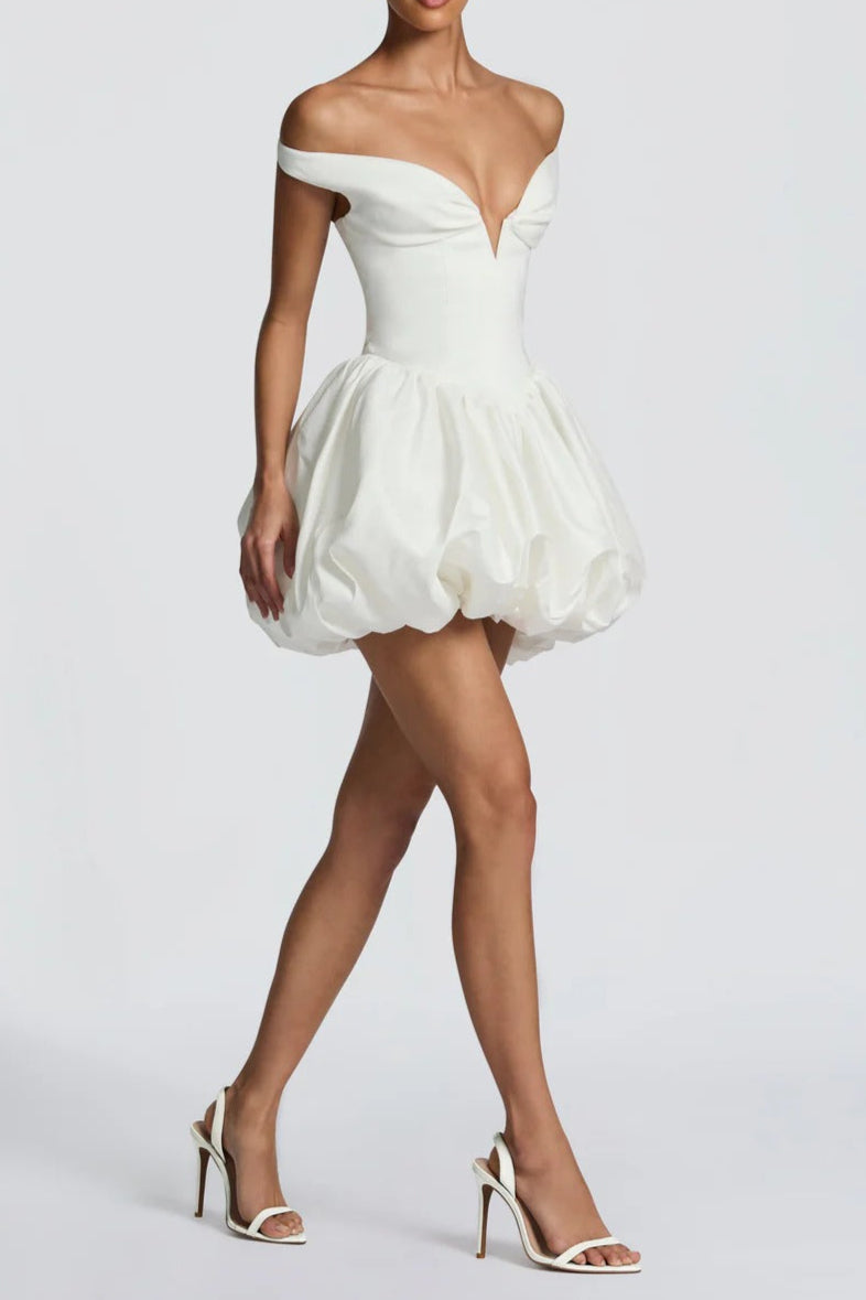 daisy v-neck strapless puffy Mini Dress - Ivory Flowering Girl