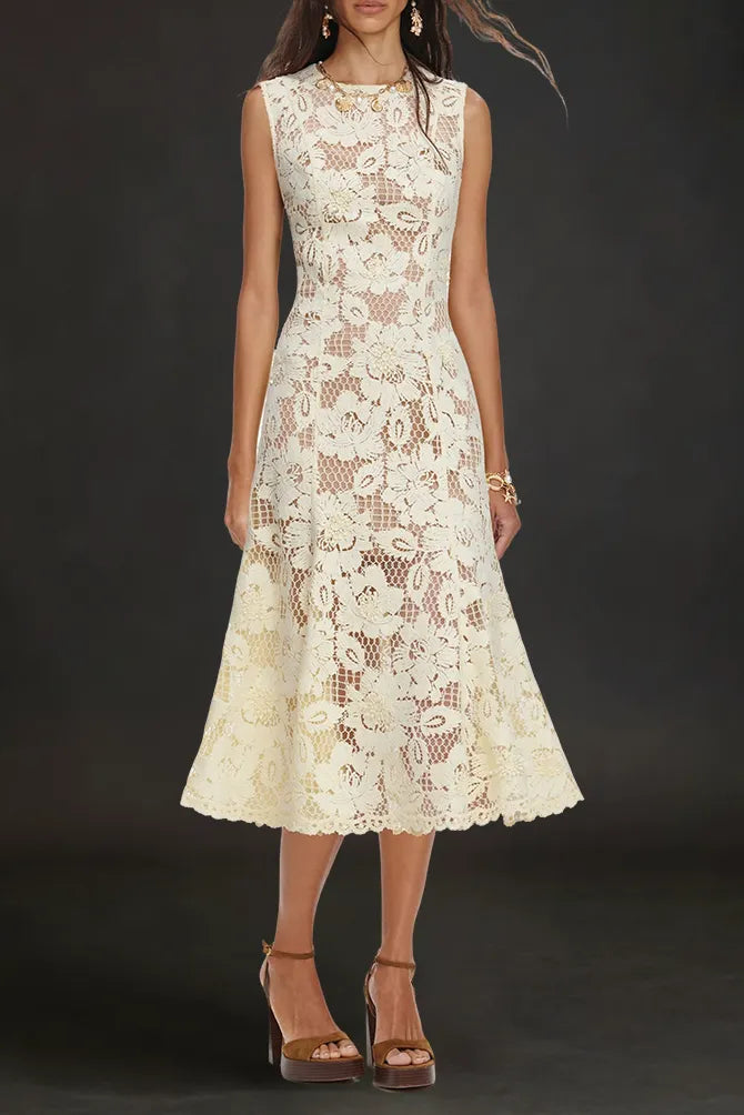 Marjorie Yellow Crochet Lace Hollow Midi Dress Flowering Girl