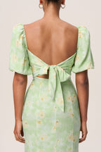 Floral Puff Sleeve Midi Dress In Green Flowering Girl