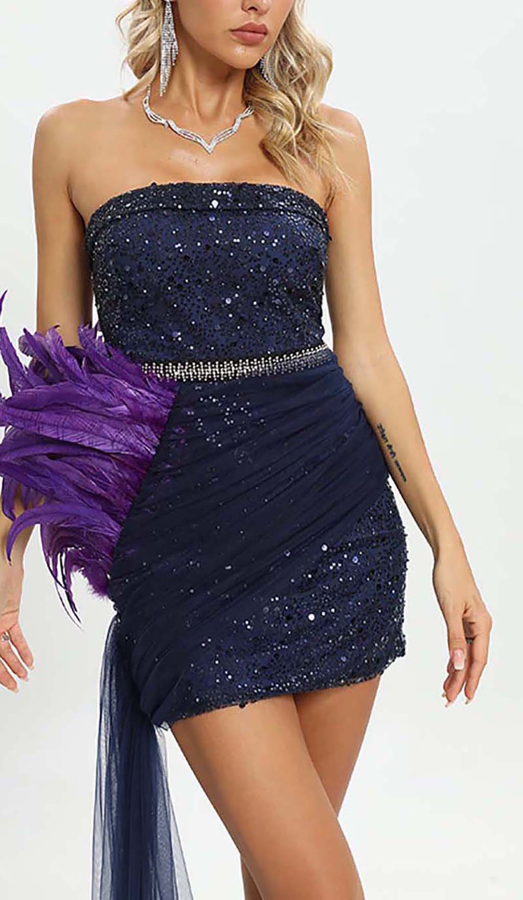 Feather Sequin Midi Dress In Purple