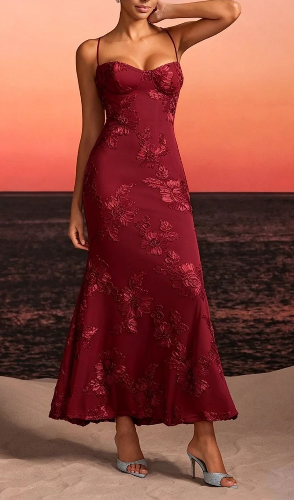 Zryne Spaghetti Embroidered Flower Maxi Dress In Wine Flowering Girl