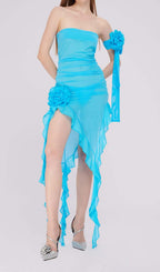Ruffle Rosette Mesh Midi Dress In Blue Flowering Girl