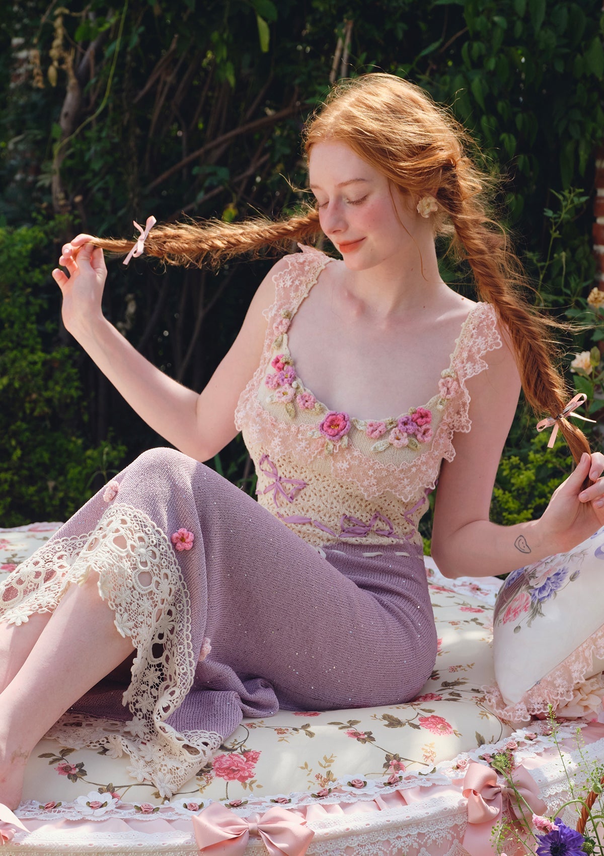 Celeste Crochet Flowers Jersey Midi Dress In Purple Flowering Girl