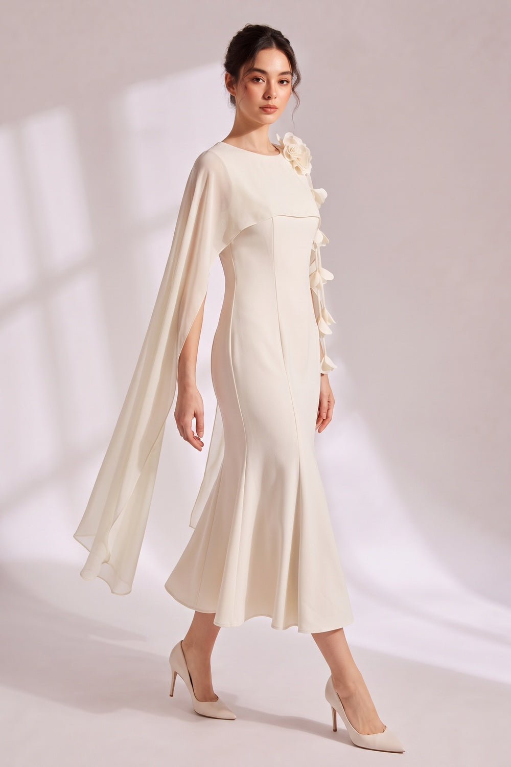 Cape Sleeve 3D Floral Chiffon Midi Mermaid Dress Flowering Girl