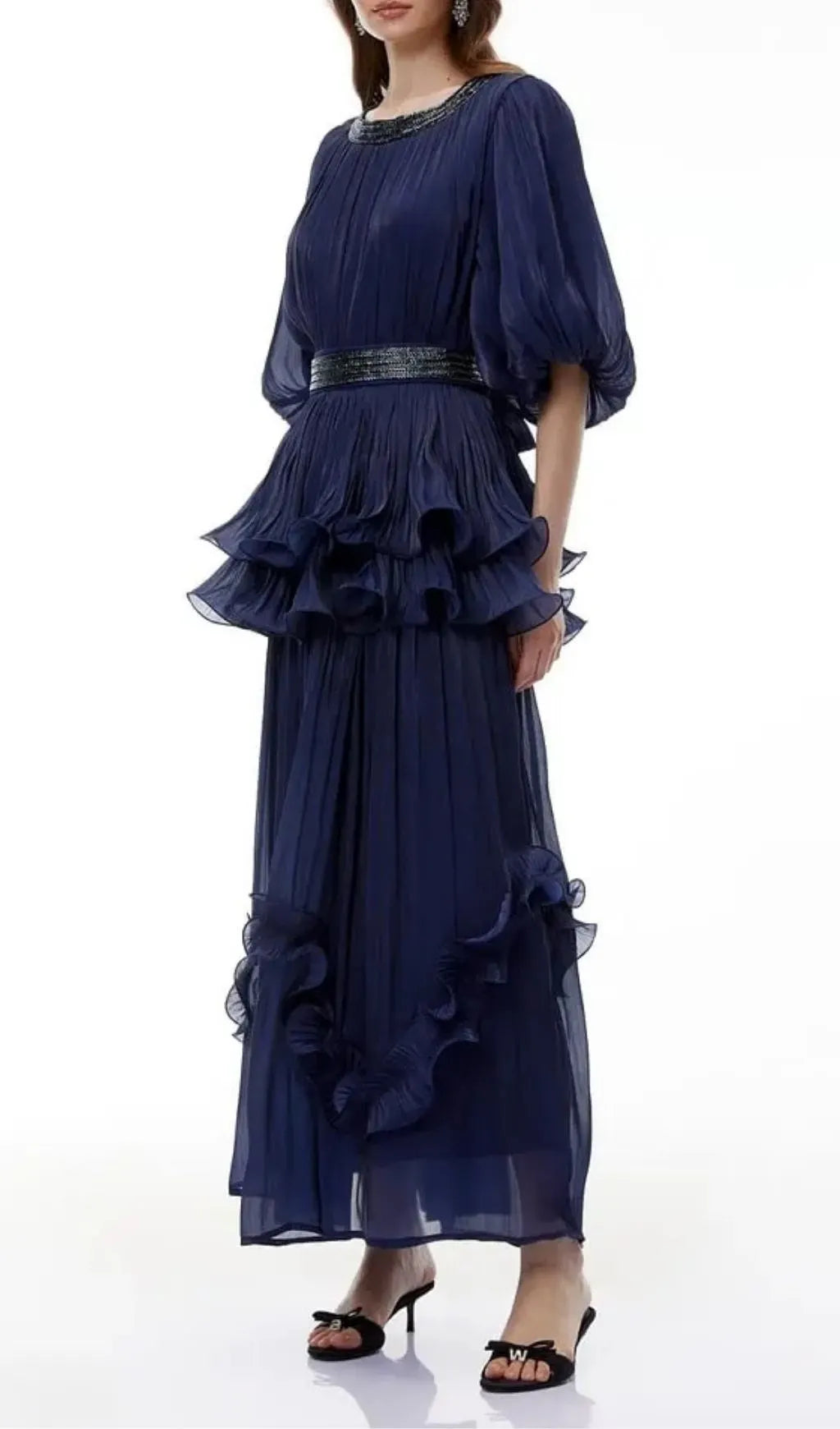 Lorraine Navy Blue Embellished Pleated Maxi Dress Flowering Girl