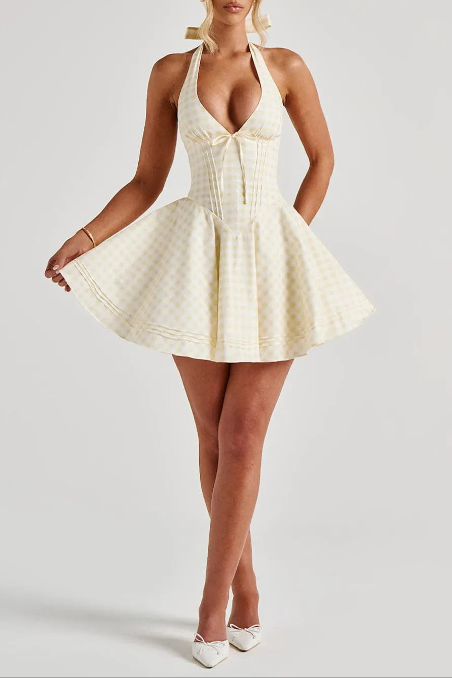 Doris Mini Dress - Lemon Gingham Flowering Girl