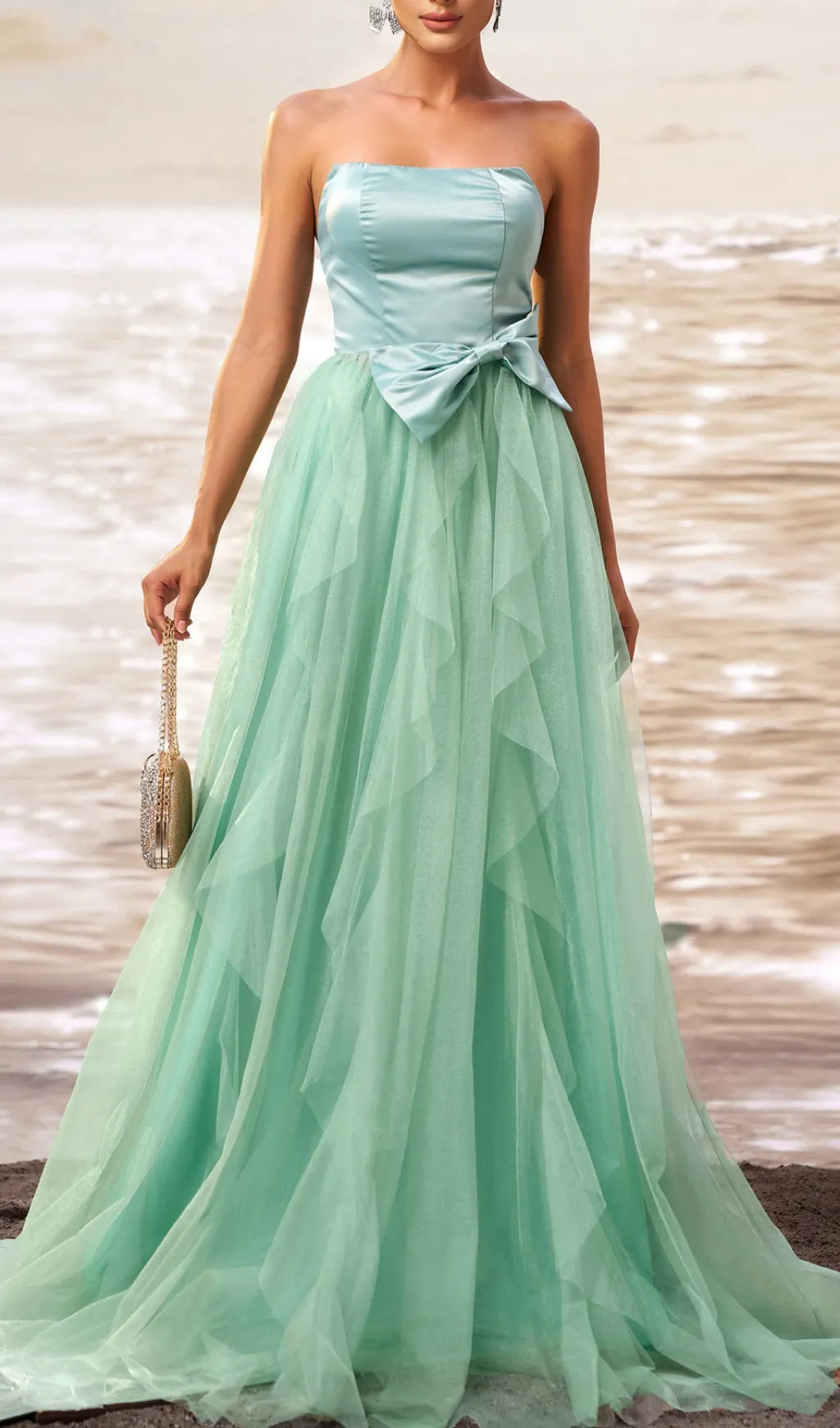 Dafna Mint Strapless Bow Mesh Maxi Dress Flowering Girl