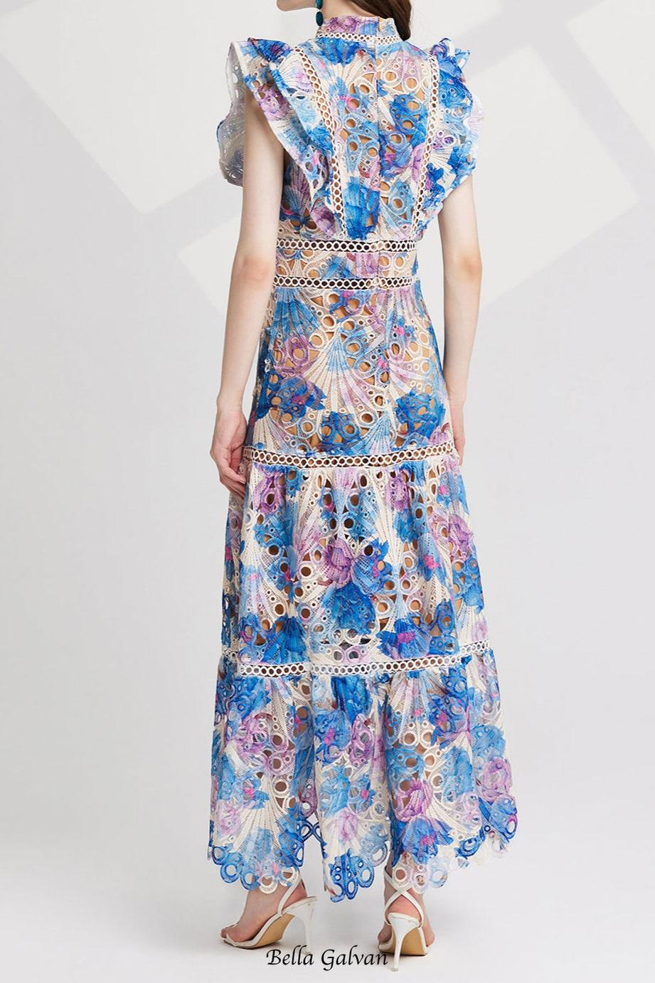 chloe hollow out flower embroidery maxi dress in blue Flowering Girl