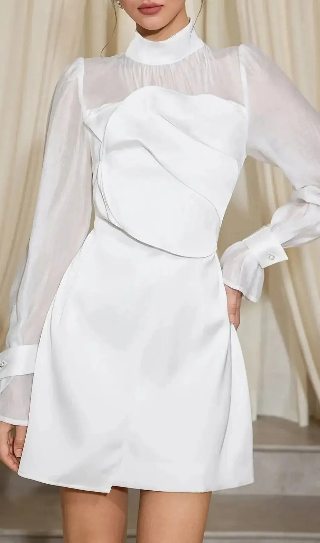 Sabrina High Neck Mesh Patchwork Mini Dress In White Flowering Girl