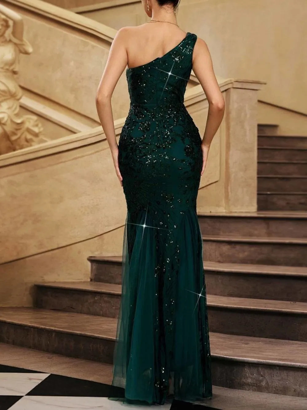 Margit Green One-Shoulder Sequin Maxi Dress Flowering Girl