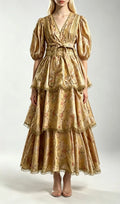 Kirsten Yellow Printed Puff Sleeve Midi Dress Flowering Girl
