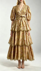 Kirsten Yellow Printed Puff Sleeve Midi Dress Flowering Girl