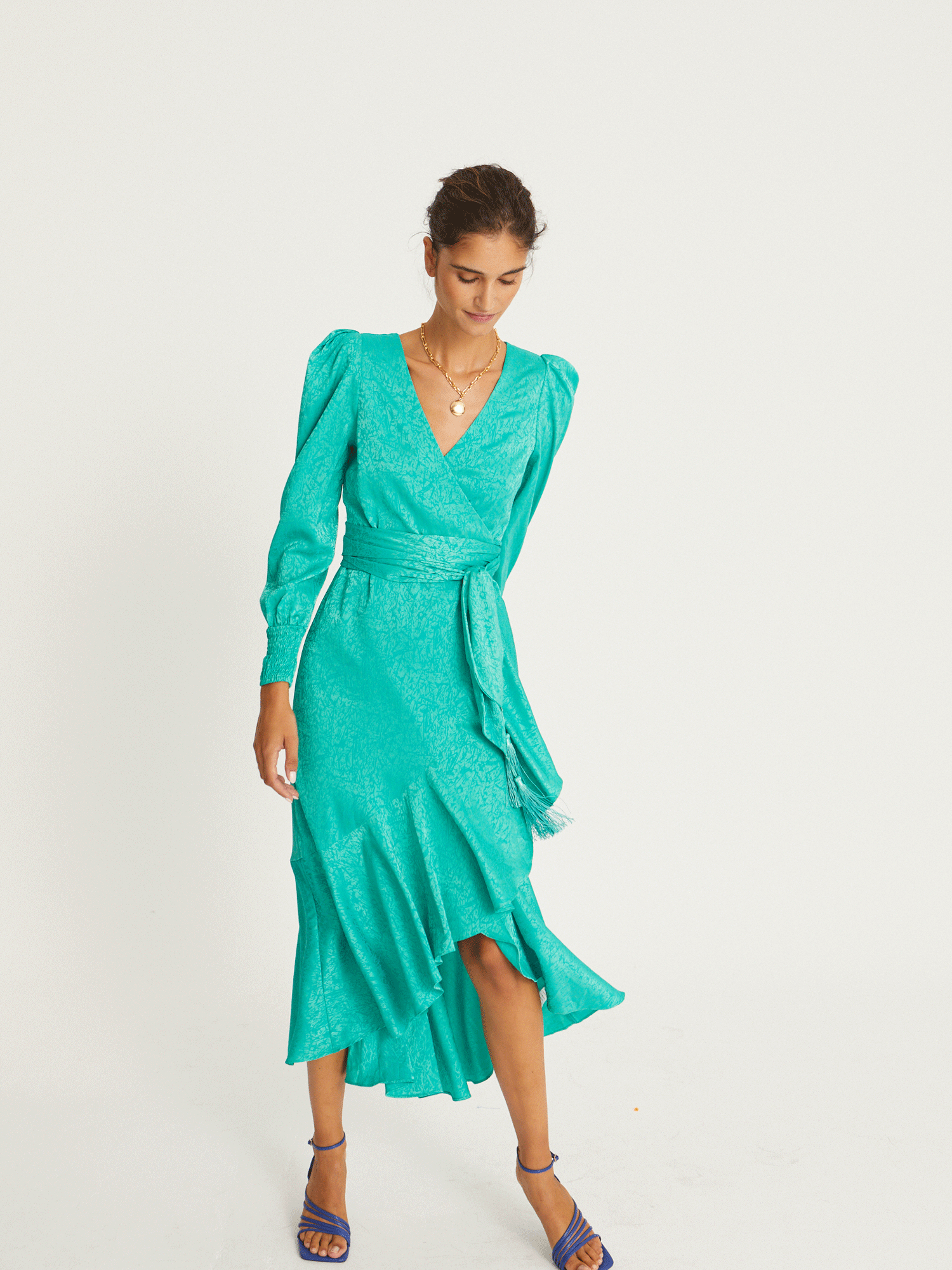 Grace - Green Jacquard Long-Sleeved Wrap Dress Flowering Girl