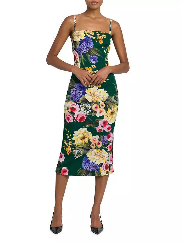 Floral Print Sheath Midi Dress In Green Flowering Girl