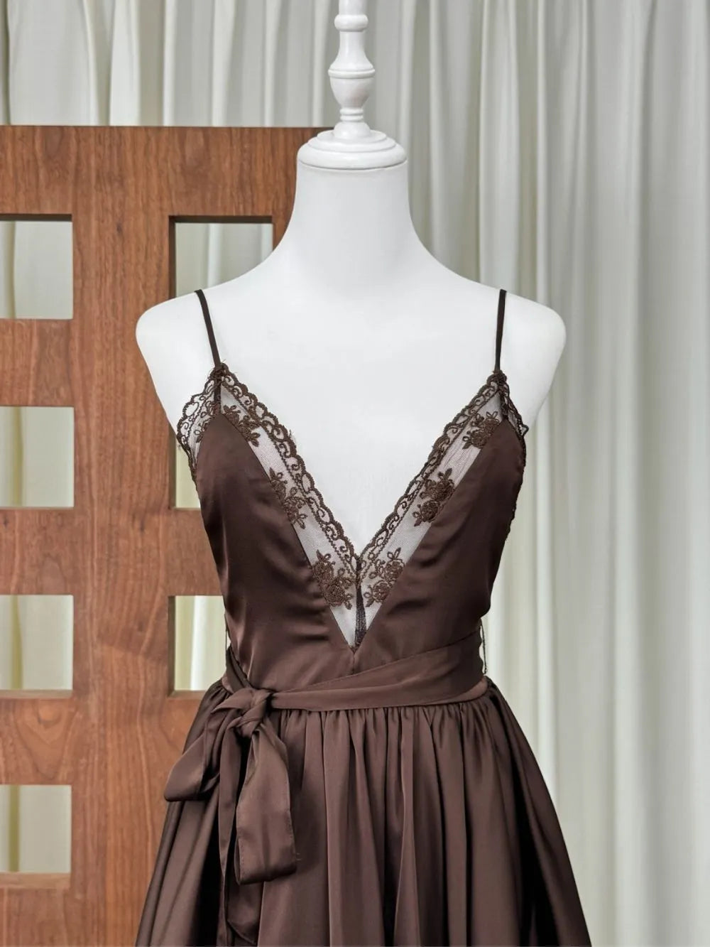 Mayte Brown Spaghetti Lace Mini Dress Flowering Girl