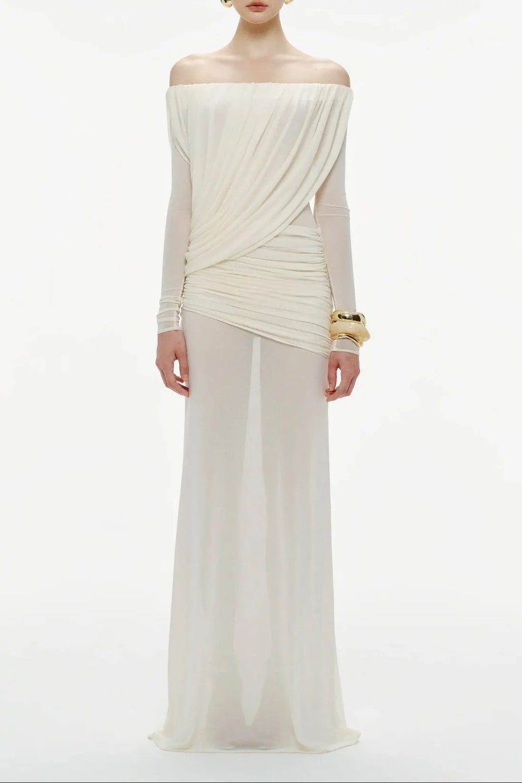 Cara Off-Shoulder Long Sleeve Pleated Mesh Maxi Dress In White Flowering Girl