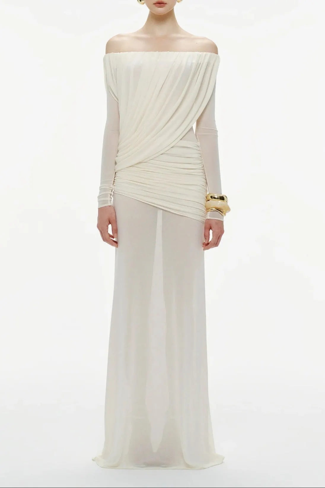 Cara Off-Shoulder Long Sleeve Pleated Mesh Maxi Dress In White Flowering Girl