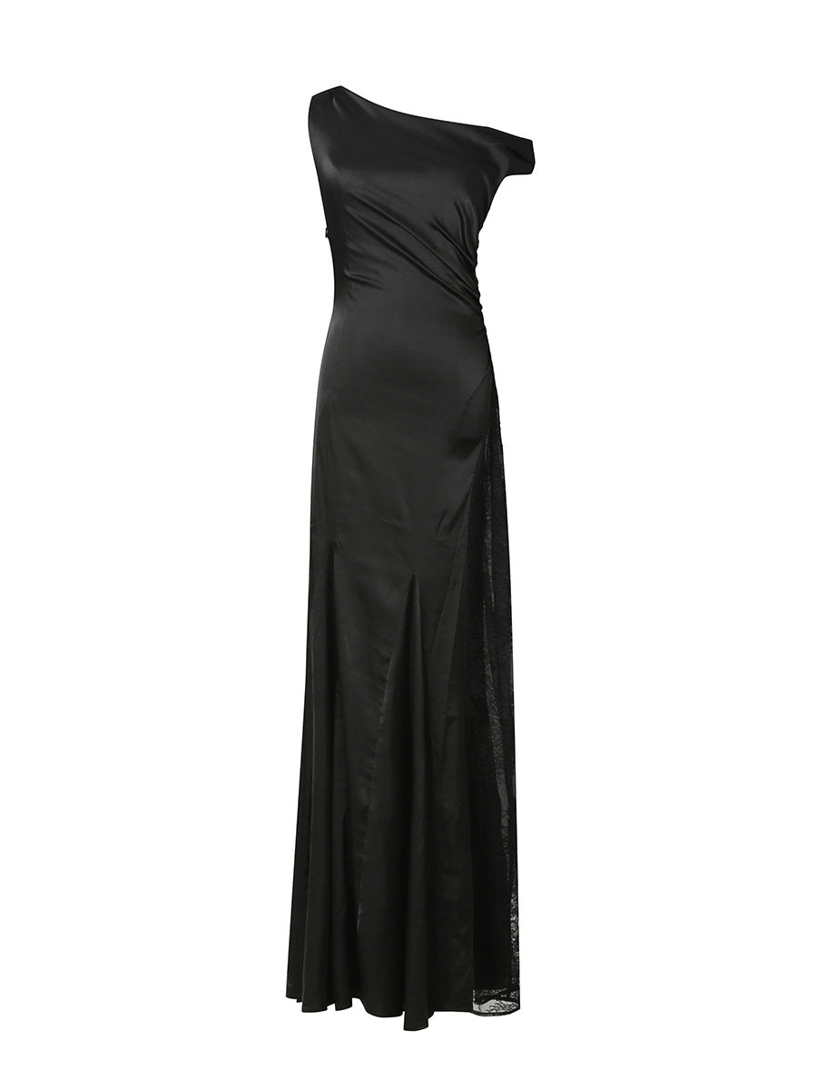 Sara Black Asymmetrical Pleated Maxi Dress With Side Slit Lace Trim Flowering Girl