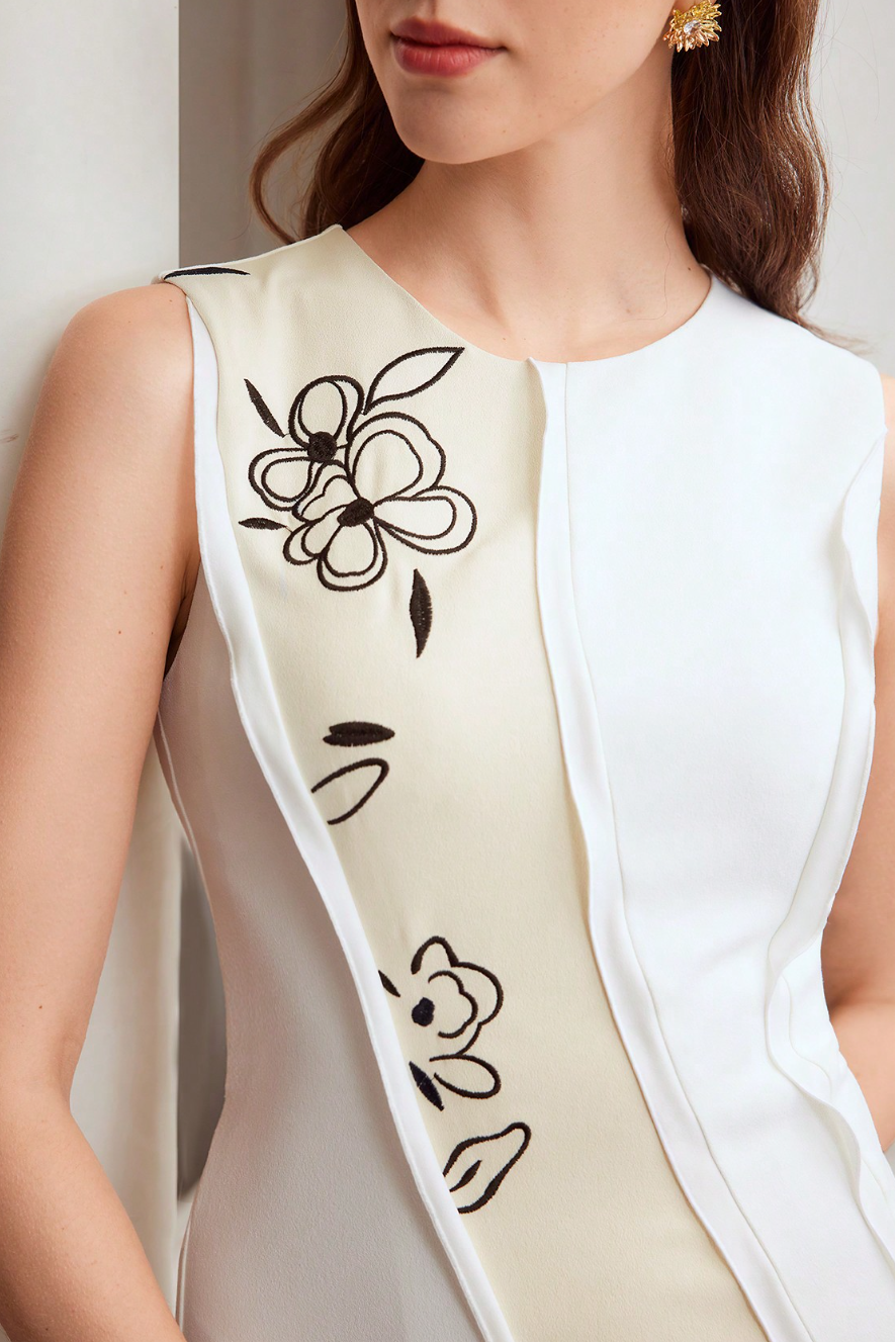 White & Beige Color-Block Floral Embroidered Sleeveless Midi Dress Flowering Girl