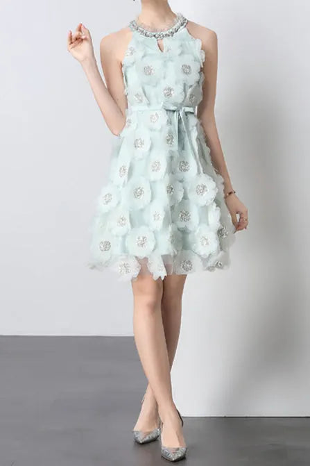 chloe rhinestone 3d flower mini dress in mint Flowering Girl