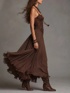 Dark Brown Lace-Paneled Chiffon Maxi Dress Flowering Girl
