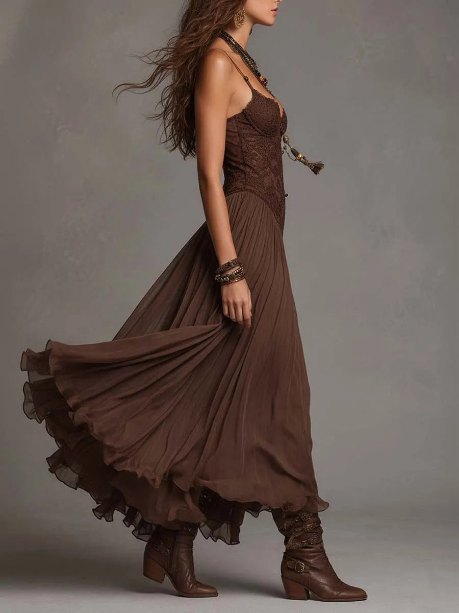 Dark Brown Lace-Paneled Chiffon Maxi Dress Flowering Girl