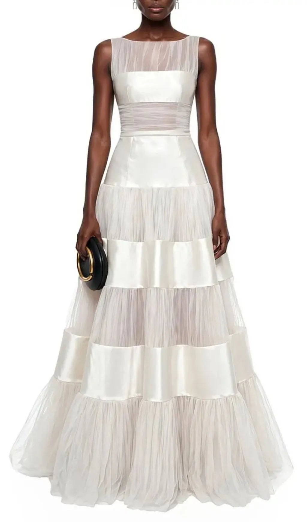 Sabrina White Mesh Panel Maxi Dress With Satin Stripes Flowering Girl