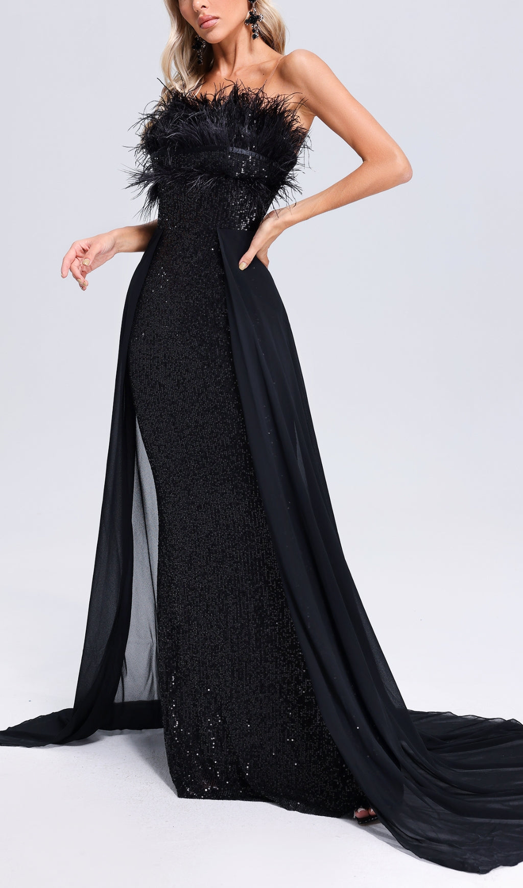 Adams Black Feather Sequin Maxi Dress Flowering Girl