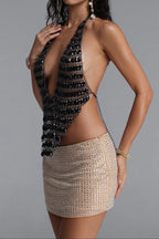 Black Crystal Chain Halter Deep V Crop Top Flowering Girl