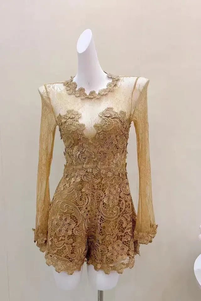 Sheer Lace Long Sleeve Skort Romper Flowering Girl