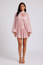 High Neck Keyhole Cape Puff Sleeve Ruched Pleated Mini Dress Flowering Girl