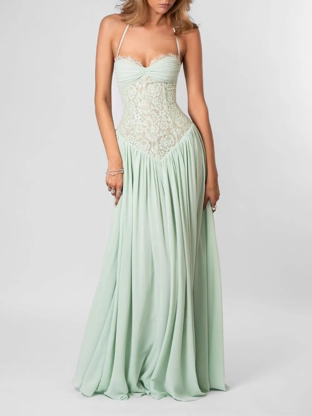 Masaaki Mint Halter Lace Maxi Dress Flowering Girl