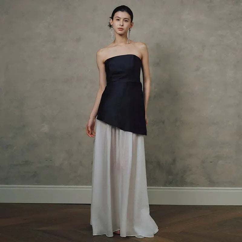 Satin Spliced Tulle Strapless Maxi Dress - White Flowering Girl