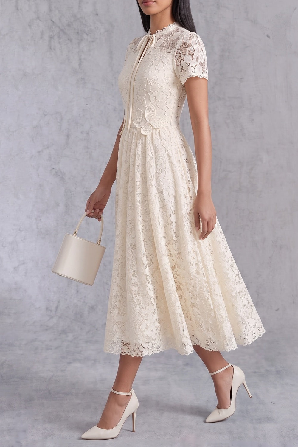 Cream Lace Tie Neck Short Sleeve A-Line Midi Dress Flowering Girl