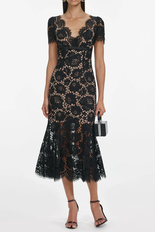 Ashley Floral Lace Hollow Midi Dress In Black Flowering Girl