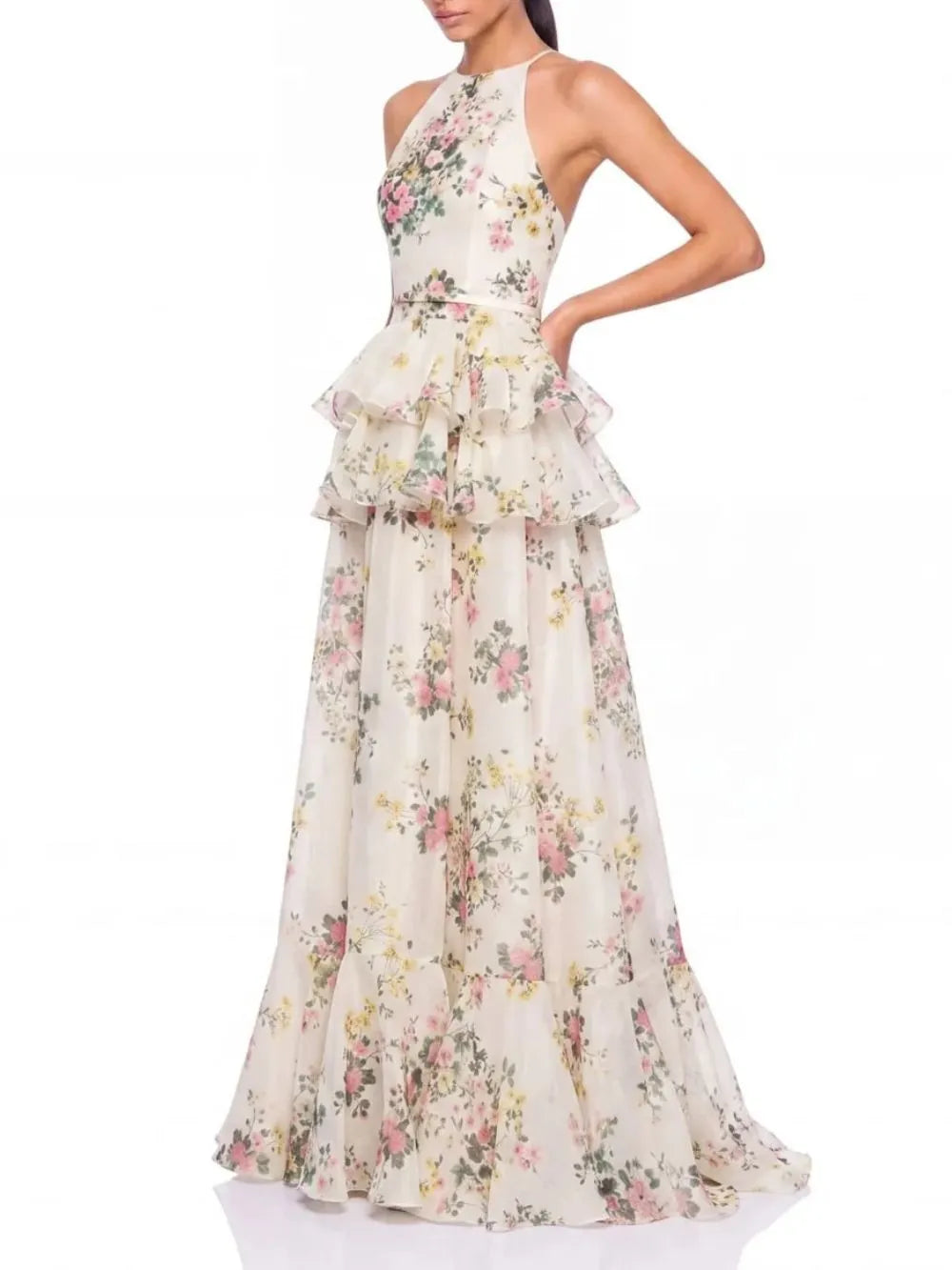 Ravelix Floral Ruffle Maxi Dress In Beige Flowering Girl