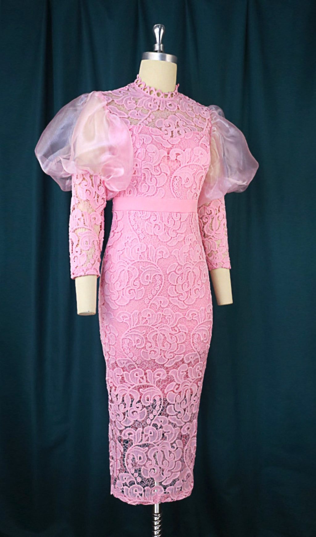 Pink Puff Sleeve Lace Midi Dress Flowering Girl