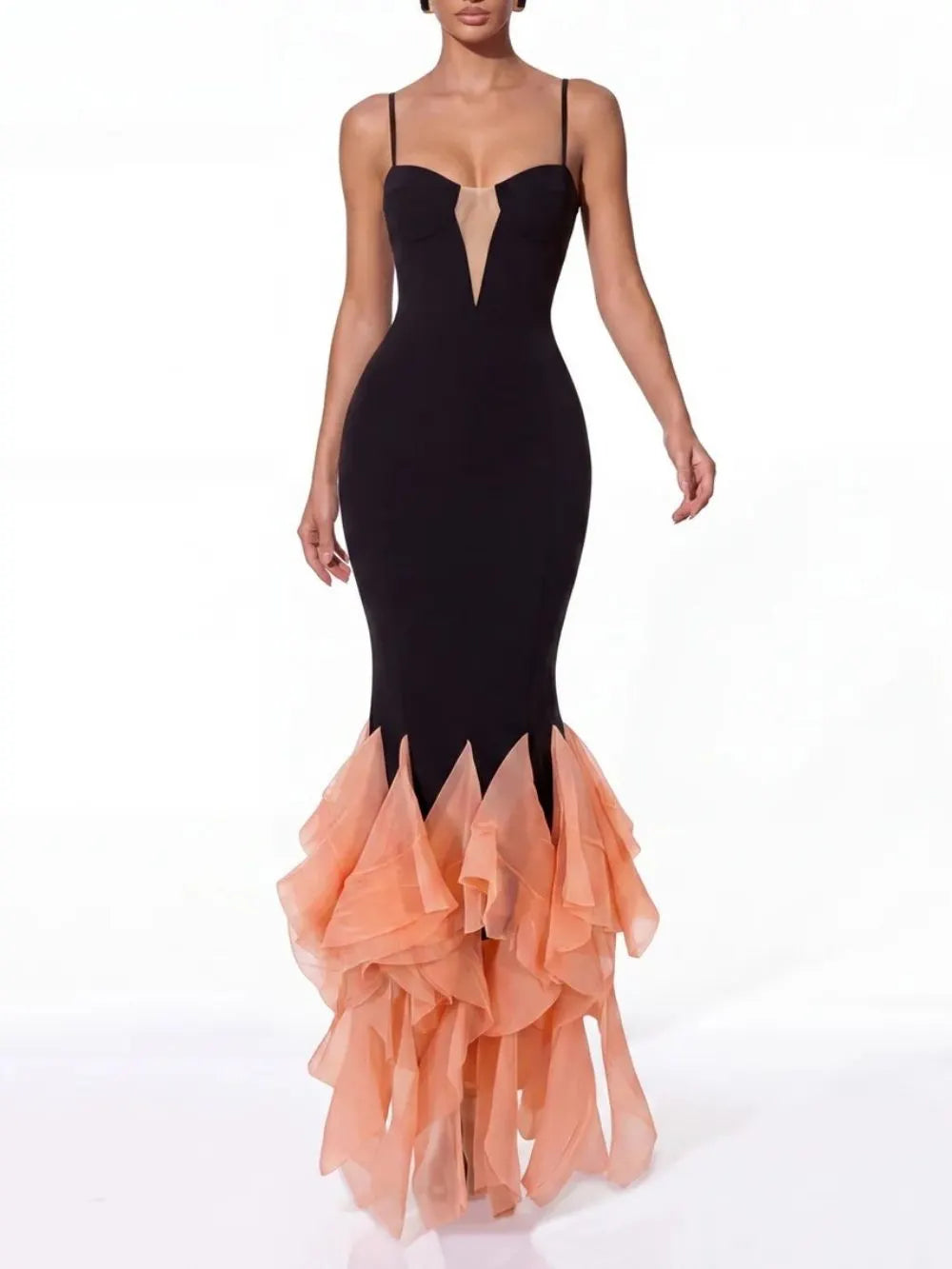 Hyrven Spaghetti Ruffle Bandage Maxi Dress Flowering Girl