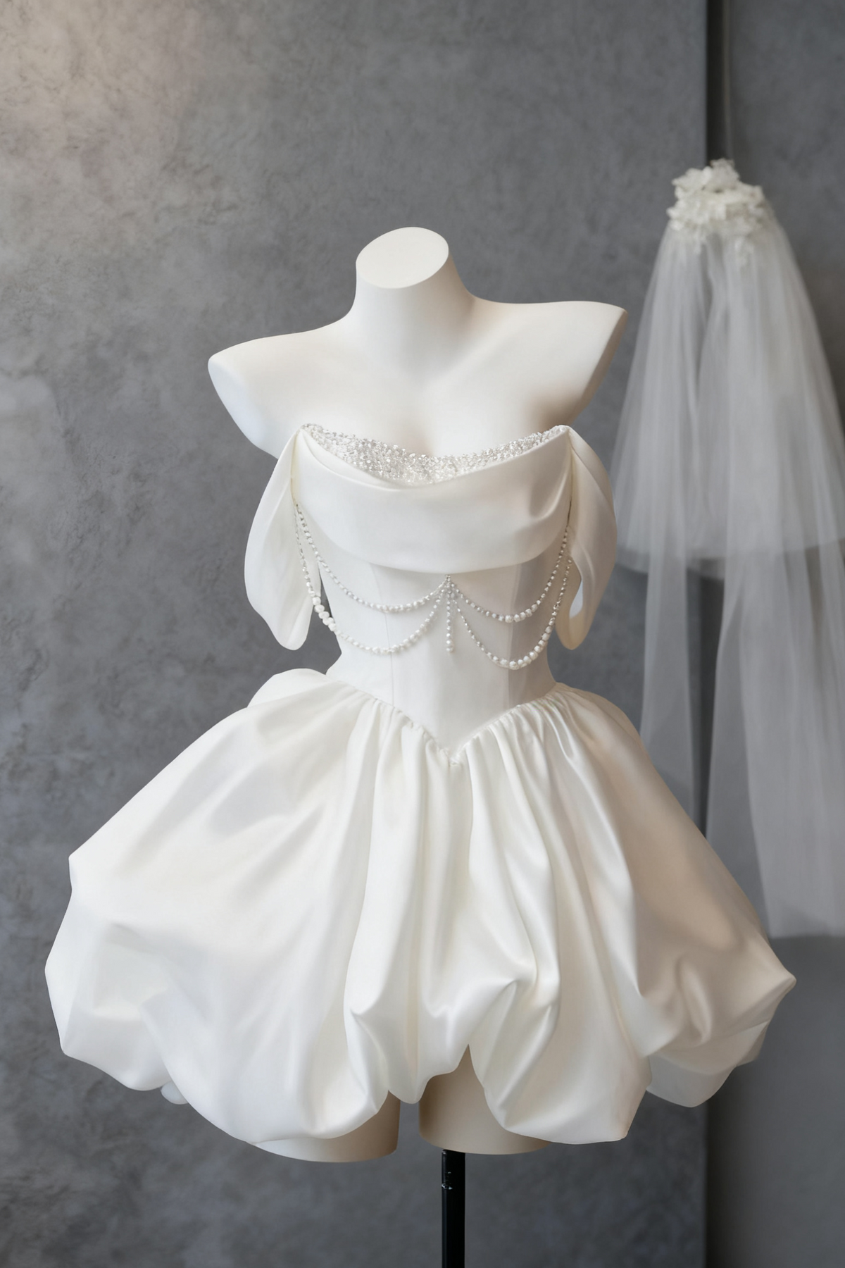 White Satin Beaded Off Shoulder Mini Dress Flowering Girl