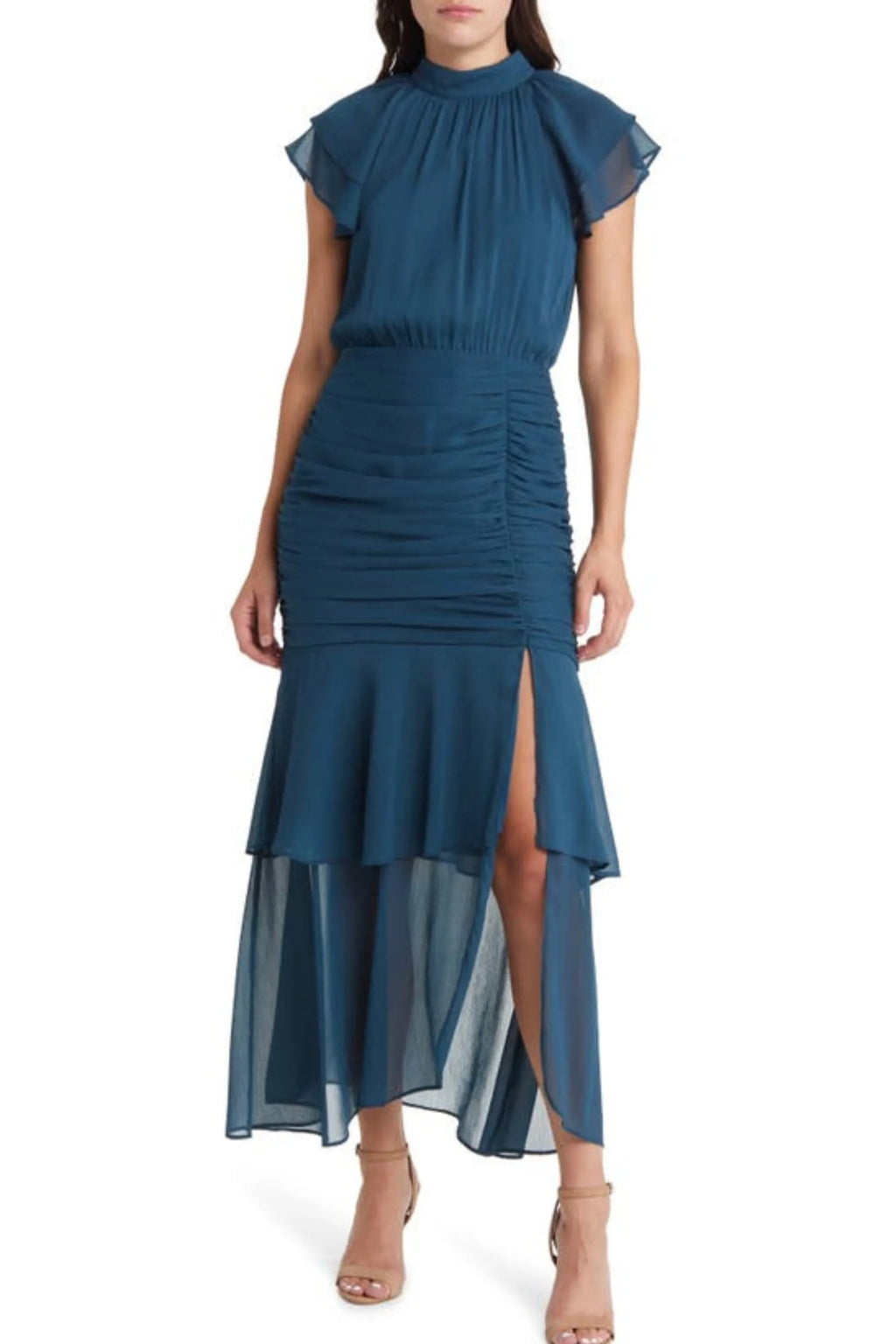 Ruched Ruffle Chiffon Maxi Dress In Teal Flowering Girl