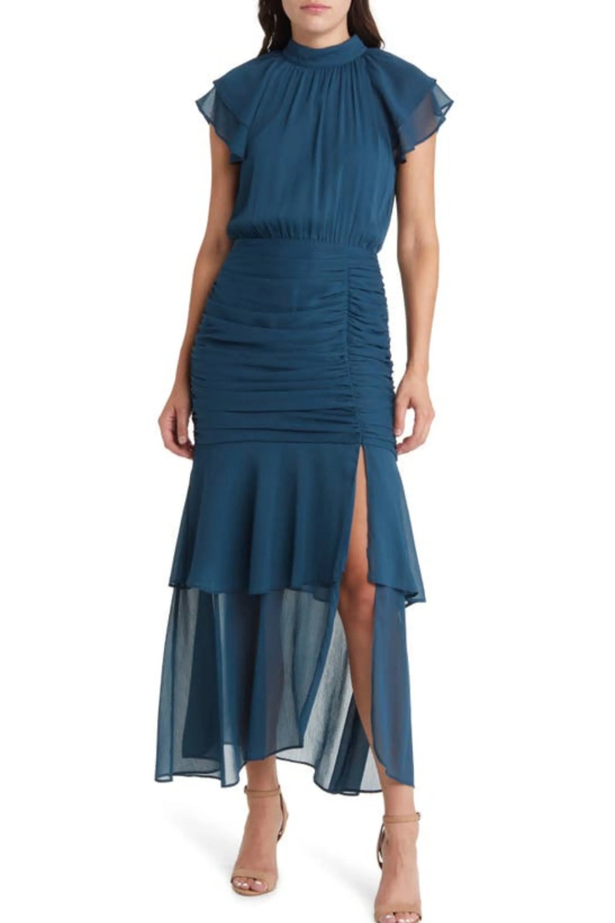 Ruched Ruffle Chiffon Maxi Dress In Teal Flowering Girl