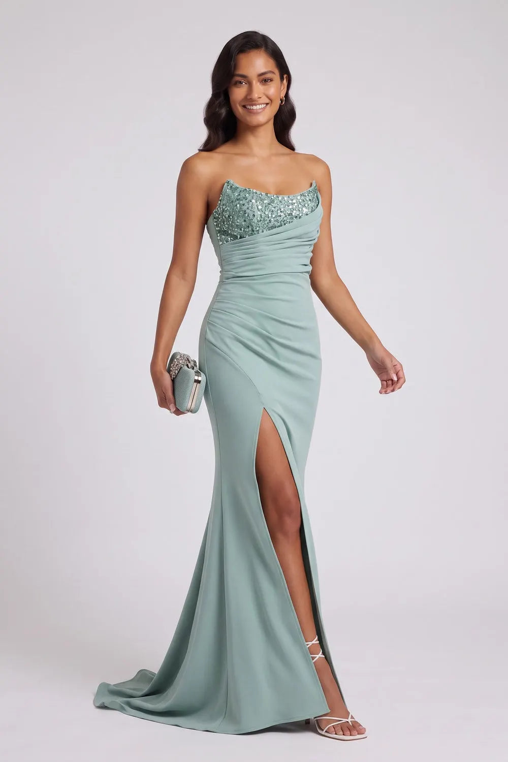 Mint Green One-Shoulder Sequin Evening Gown Flowering Girl
